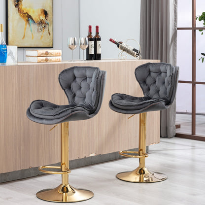 Set of 2 Bar Stools,with Chrome Footrest and Base Swivel Height Adjustable Mechanical Lifting Velvet + Golden Leg Simple Bar Stool - gray - 1st Choice Furniture Direct