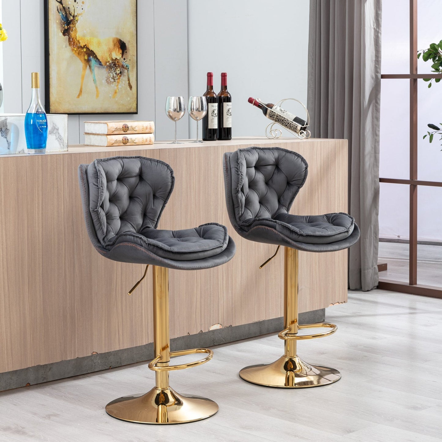 Set of 2 Bar Stools,with Chrome Footrest and Base Swivel Height Adjustable Mechanical Lifting Velvet + Golden Leg Simple Bar Stool - gray - 1st Choice Furniture Direct