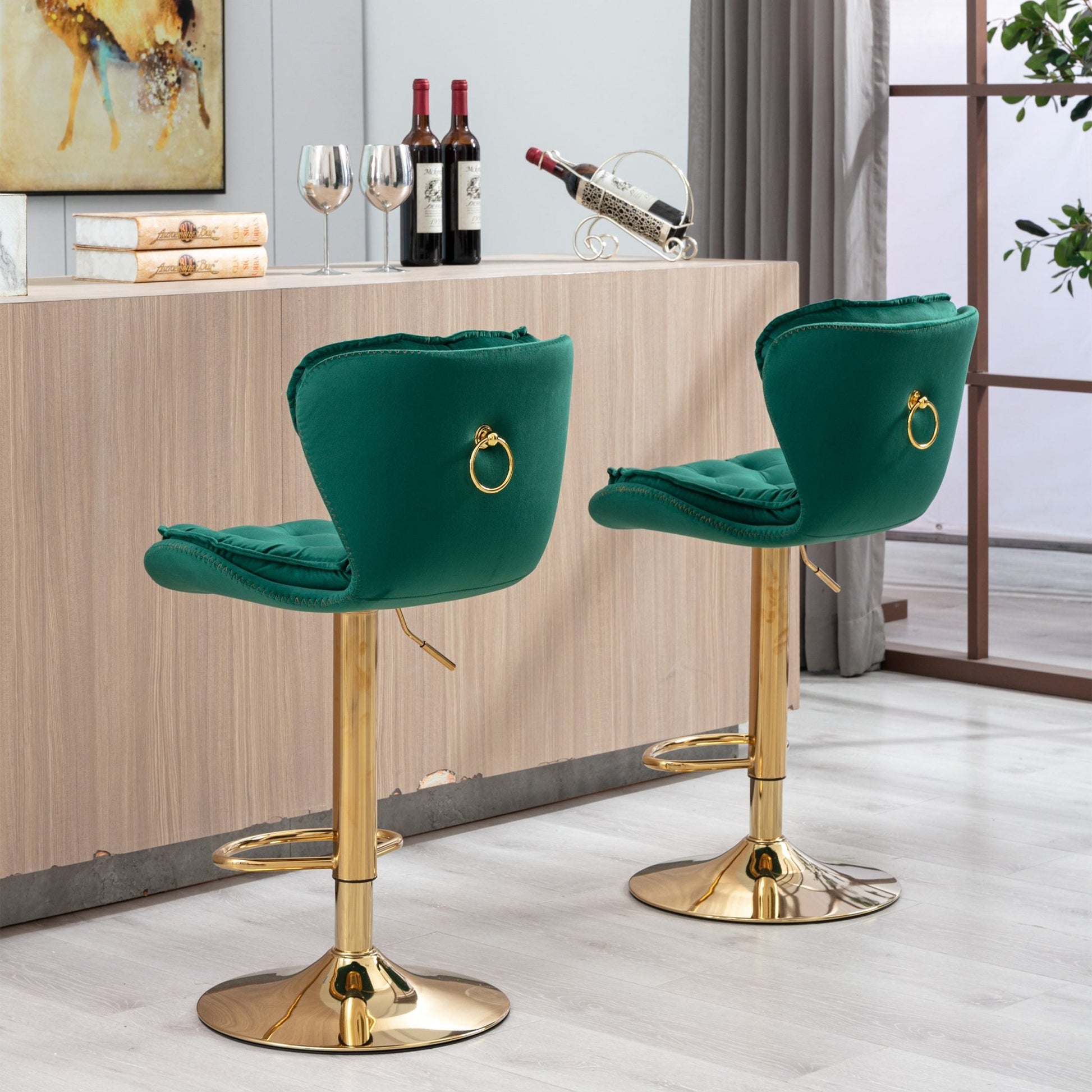 Set of 2 Bar Stools,with Chrome Footrest and Base Swivel Height Adjustable Mechanical Lifting Velvet + Golden Leg Simple Bar Stool - Green - 1st Choice Furniture Direct