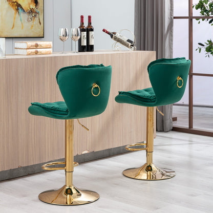 Set of 2 Bar Stools,with Chrome Footrest and Base Swivel Height Adjustable Mechanical Lifting Velvet + Golden Leg Simple Bar Stool - Green - 1st Choice Furniture Direct