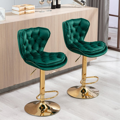 Set of 2 Bar Stools,with Chrome Footrest and Base Swivel Height Adjustable Mechanical Lifting Velvet + Golden Leg Simple Bar Stool - Green - 1st Choice Furniture Direct