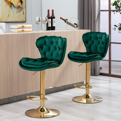 Set of 2 Bar Stools,with Chrome Footrest and Base Swivel Height Adjustable Mechanical Lifting Velvet + Golden Leg Simple Bar Stool - Green - 1st Choice Furniture Direct