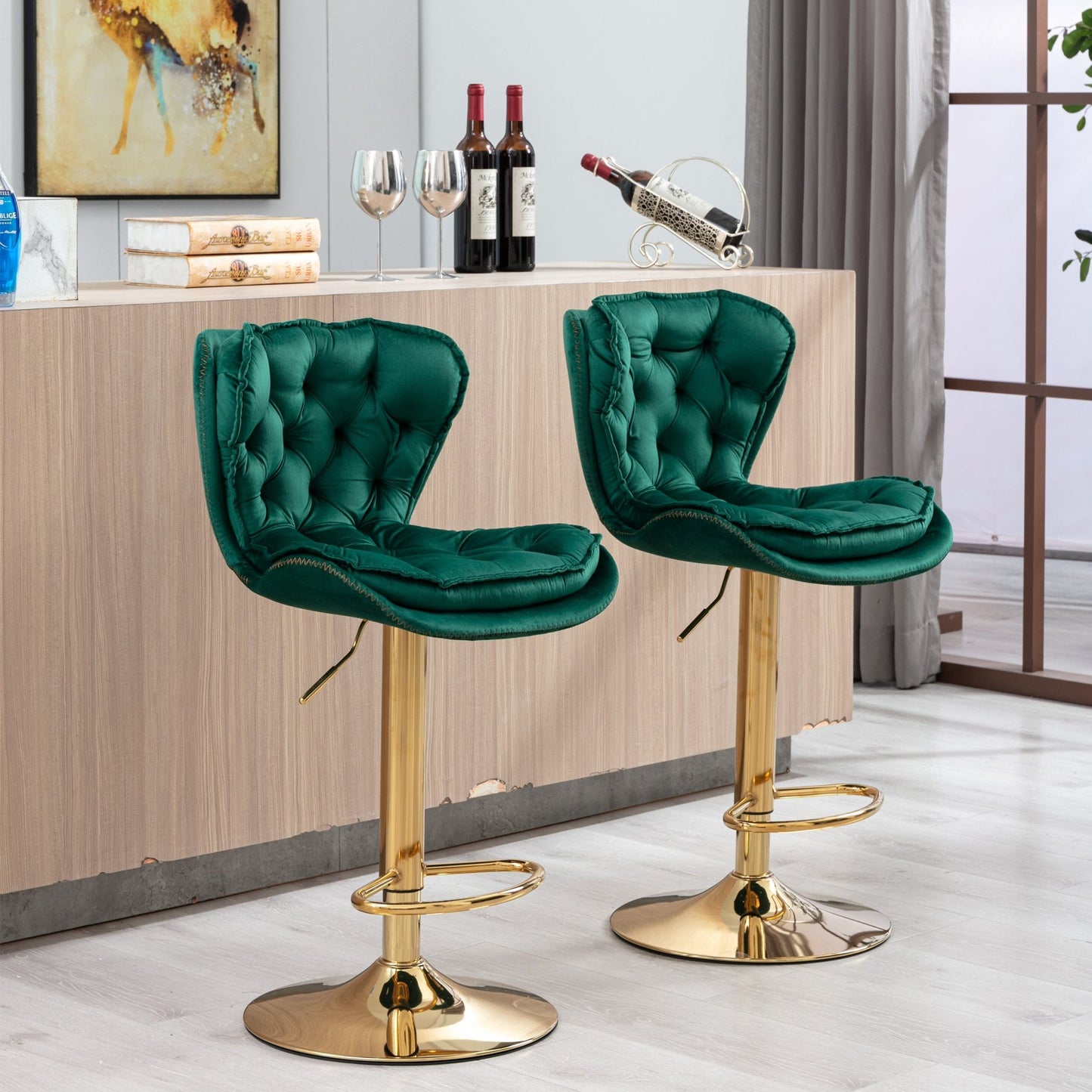 Set of 2 Bar Stools,with Chrome Footrest and Base Swivel Height Adjustable Mechanical Lifting Velvet + Golden Leg Simple Bar Stool - Green - 1st Choice Furniture Direct