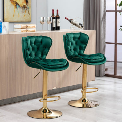 Set of 2 Bar Stools,with Chrome Footrest and Base Swivel Height Adjustable Mechanical Lifting Velvet + Golden Leg Simple Bar Stool - Green - 1st Choice Furniture Direct