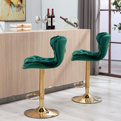 Set of 2 Bar Stools,with Chrome Footrest and Base Swivel Height Adjustable Mechanical Lifting Velvet + Golden Leg Simple Bar Stool - Green - 1st Choice Furniture Direct