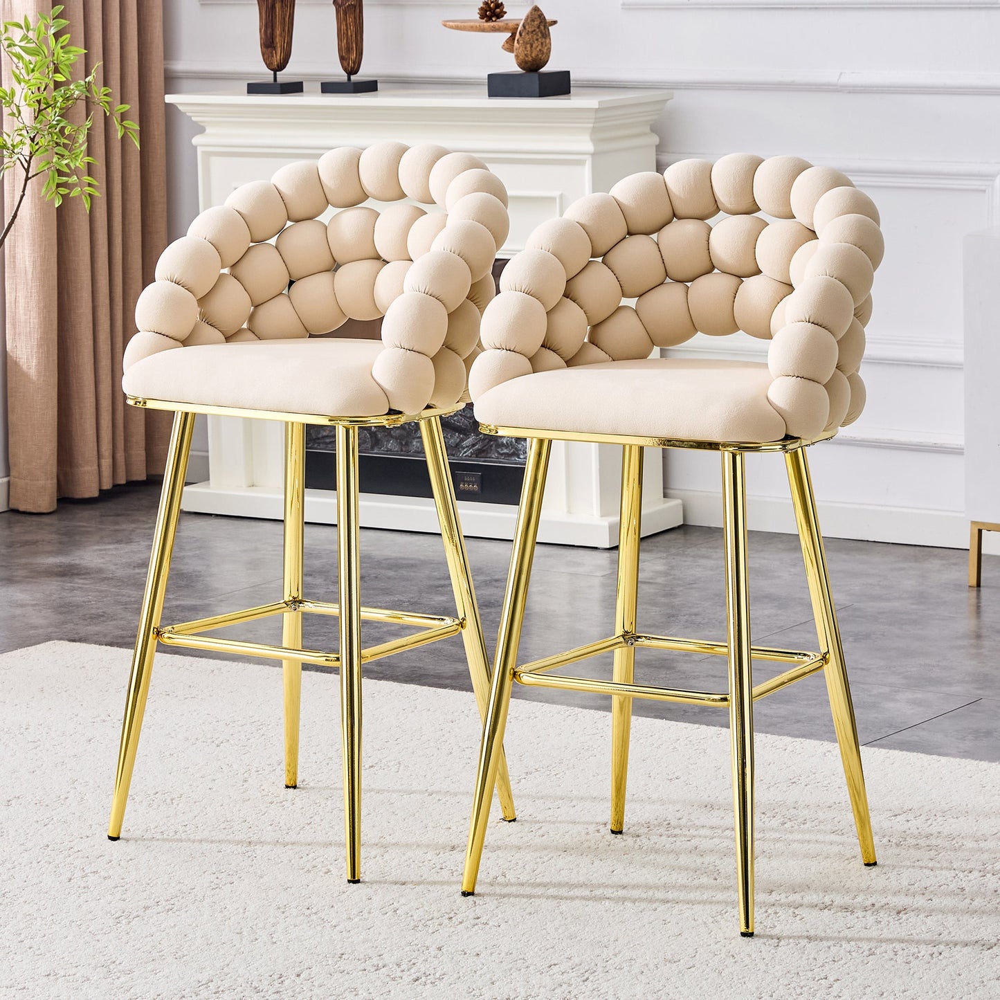 Set of 2 Beige Puffy Bubble Chair Ball Chain Velvet Bar Stools with Gold Legs, Modern Tufted Accent Chairs for Kitchen Island & Home Bar - 1st Choice Furniture Direct