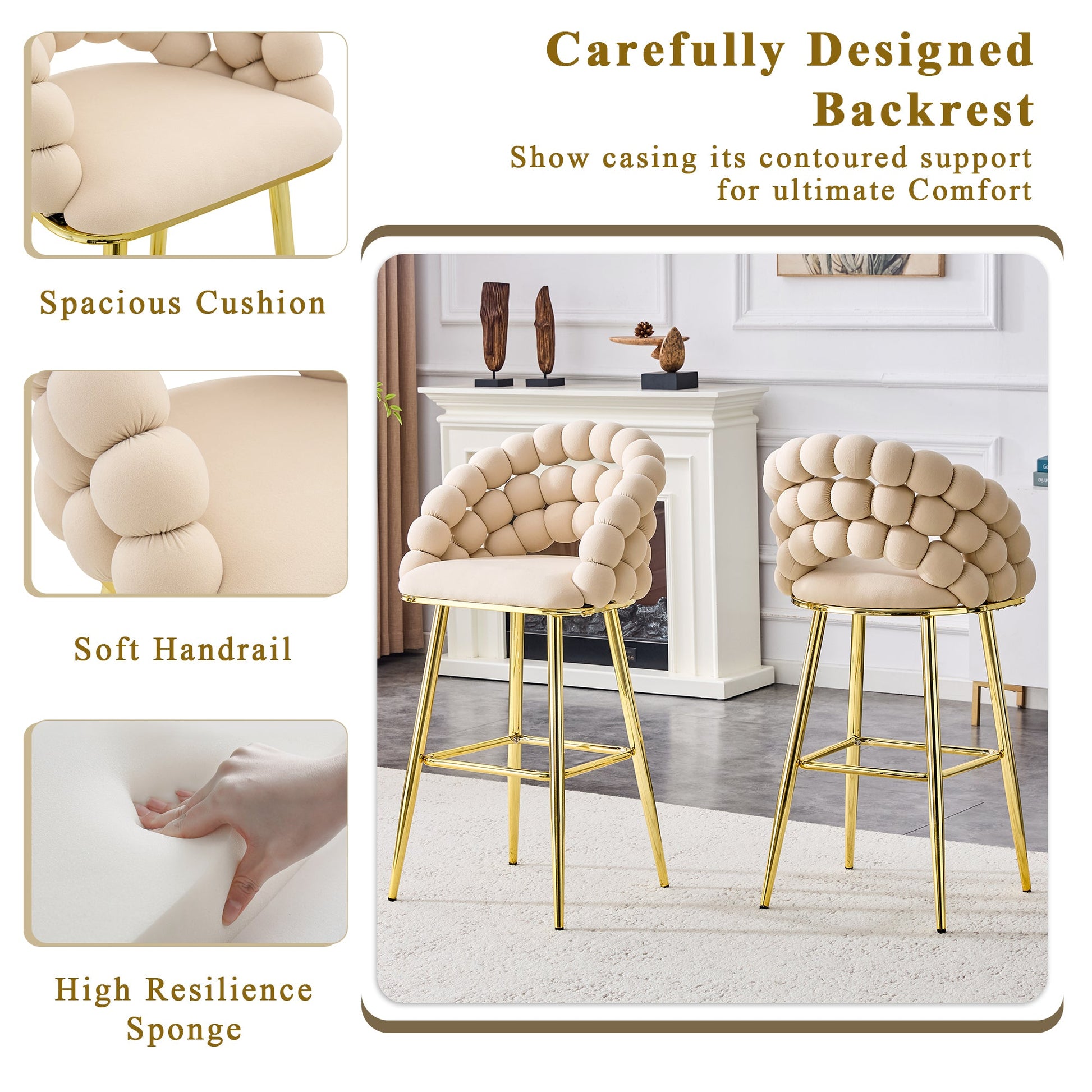 Set of 2 Beige Puffy Bubble Chair Ball Chain Velvet Bar Stools with Gold Legs, Modern Tufted Accent Chairs for Kitchen Island & Home Bar - 1st Choice Furniture Direct