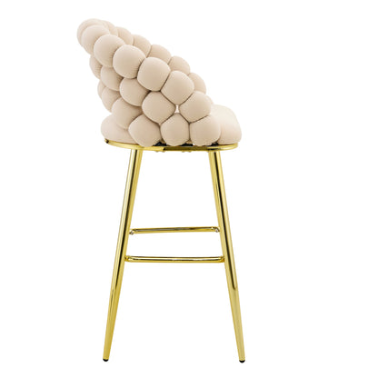 Set of 2 Beige Puffy Bubble Chair Ball Chain Velvet Bar Stools with Gold Legs, Modern Tufted Accent Chairs for Kitchen Island & Home Bar - 1st Choice Furniture Direct