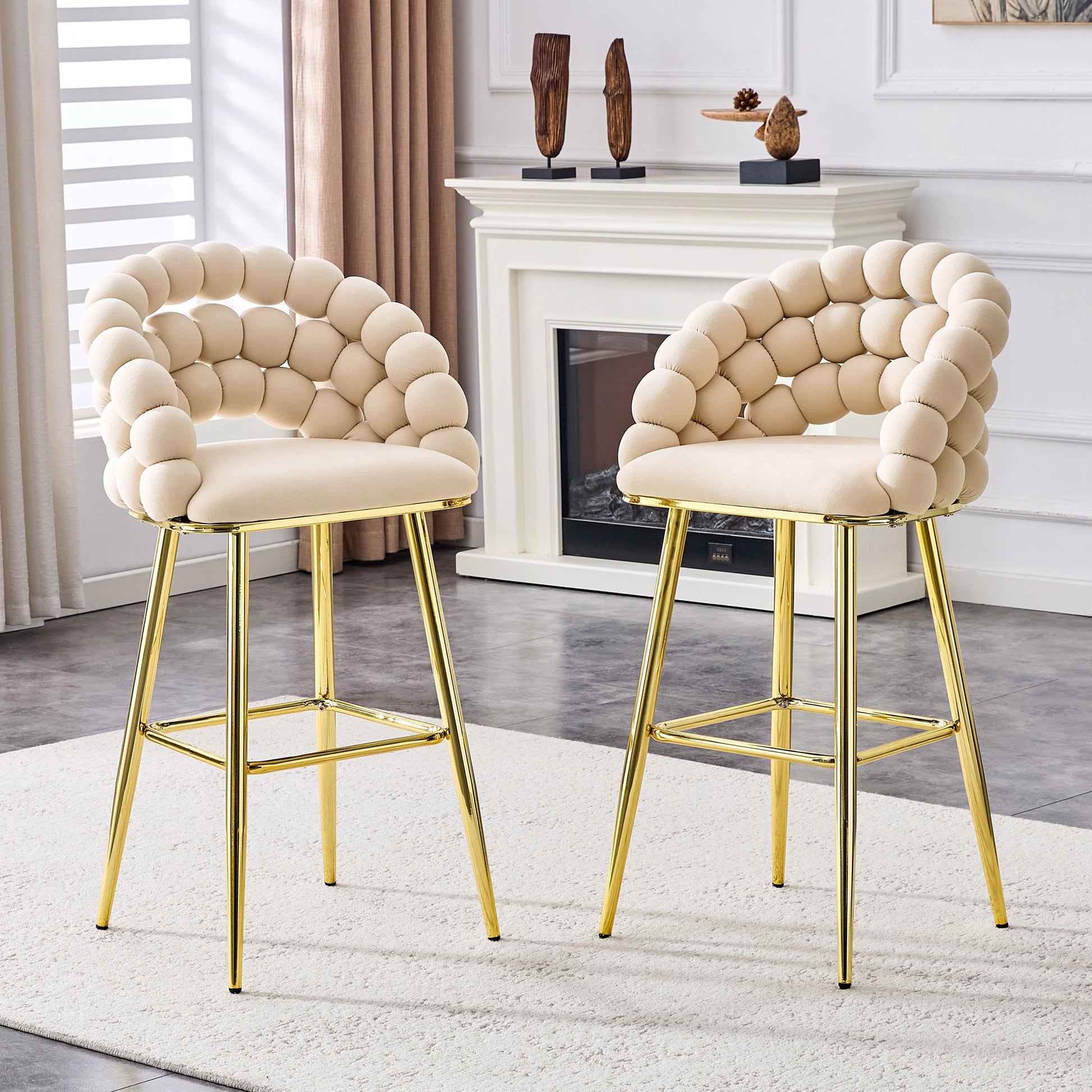 Set of 2 Beige Puffy Bubble Chair Ball Chain Velvet Bar Stools with Gold Legs, Modern Tufted Accent Chairs for Kitchen Island & Home Bar - 1st Choice Furniture Direct