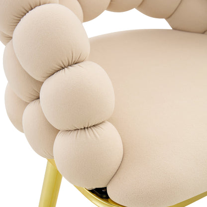 Set of 2 Beige Puffy Bubble Chair Ball Chain Velvet Bar Stools with Gold Legs, Modern Tufted Accent Chairs for Kitchen Island & Home Bar - 1st Choice Furniture Direct