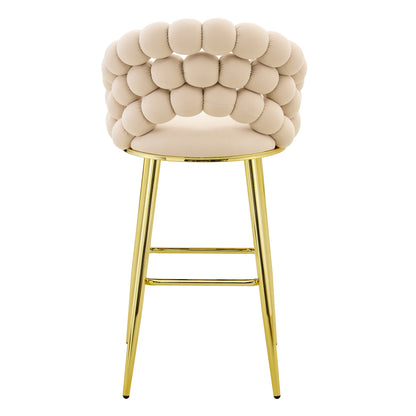 Set of 2 Beige Puffy Bubble Chair Ball Chain Velvet Bar Stools with Gold Legs, Modern Tufted Accent Chairs for Kitchen Island & Home Bar - 1st Choice Furniture Direct