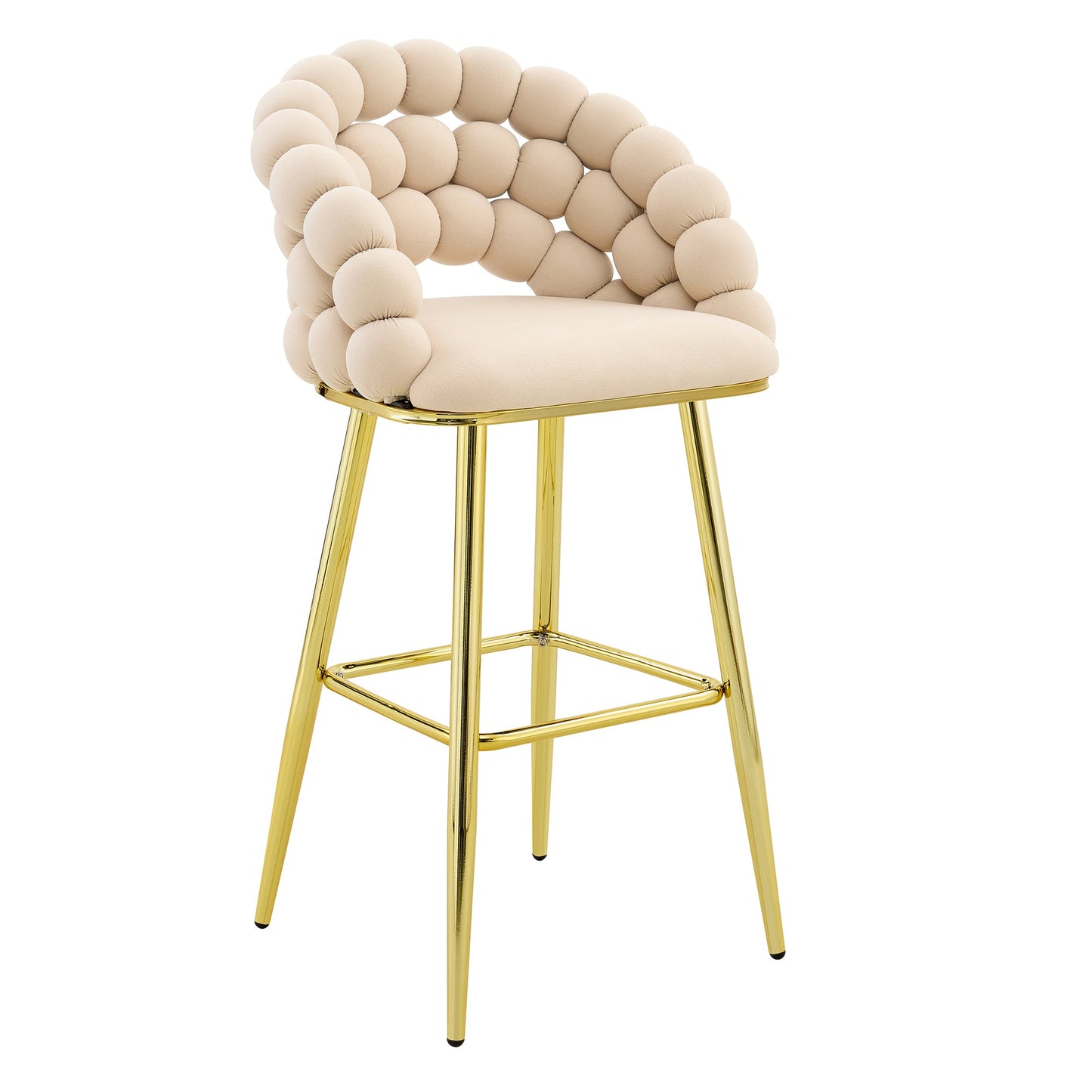 Set of 2 Beige Puffy Bubble Chair Ball Chain Velvet Bar Stools with Gold Legs, Modern Tufted Accent Chairs for Kitchen Island & Home Bar - 1st Choice Furniture Direct