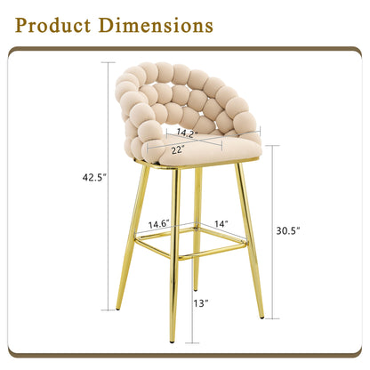 Set of 2 Beige Puffy Bubble Chair Ball Chain Velvet Bar Stools with Gold Legs, Modern Tufted Accent Chairs for Kitchen Island & Home Bar - 1st Choice Furniture Direct