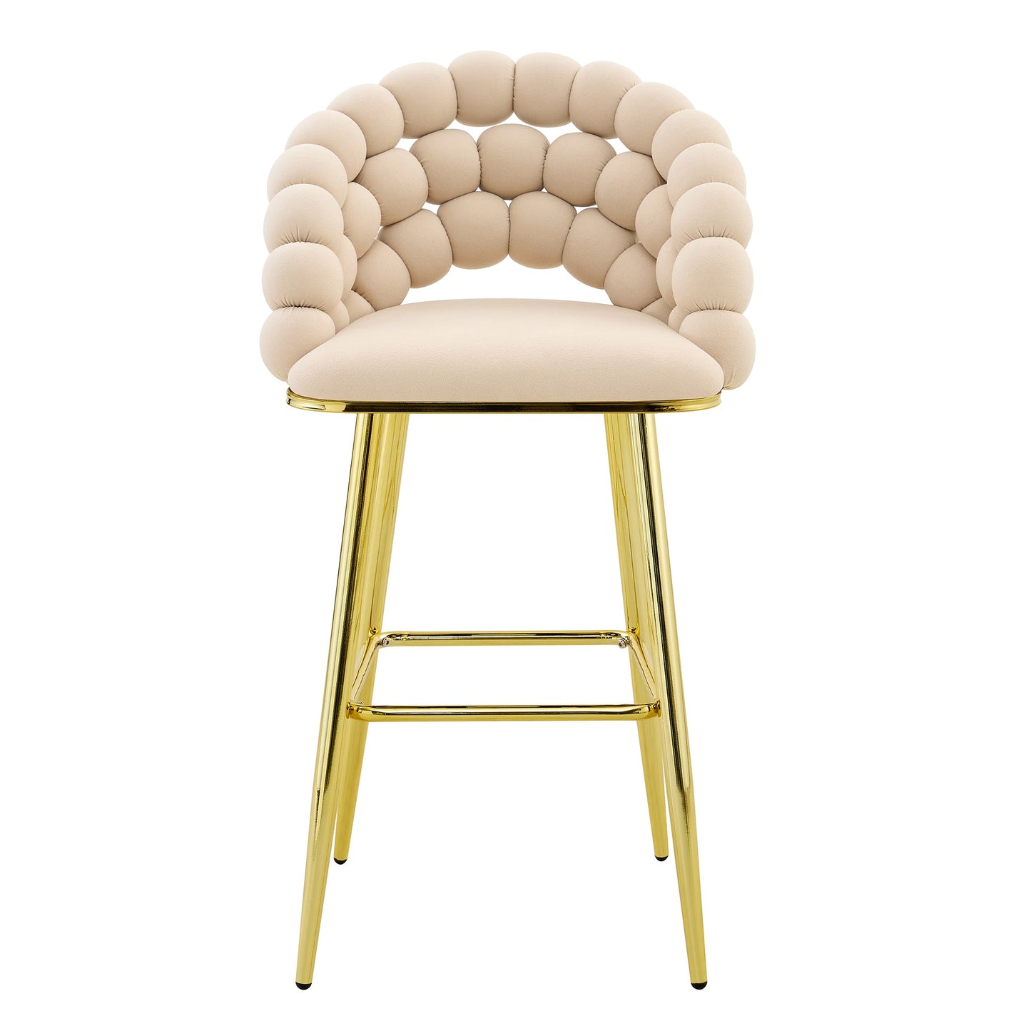 Set of 2 Beige Puffy Bubble Chair Ball Chain Velvet Bar Stools with Gold Legs, Modern Tufted Accent Chairs for Kitchen Island & Home Bar - 1st Choice Furniture Direct