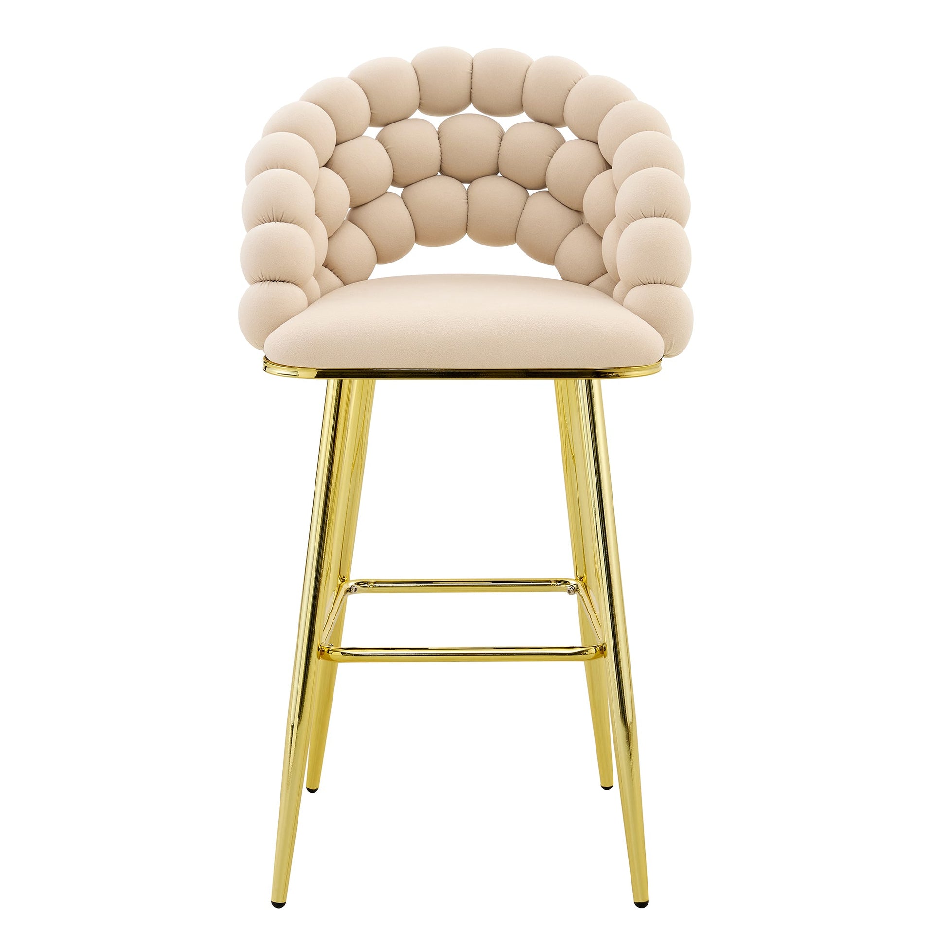 Set of 2 Beige Puffy Bubble Chair Ball Chain Velvet Bar Stools with Gold Legs, Modern Tufted Accent Chairs for Kitchen Island & Home Bar - 1st Choice Furniture Direct