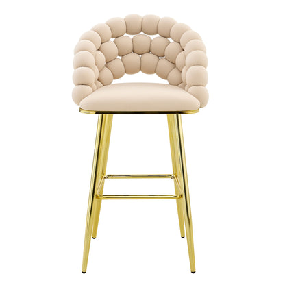 Set of 2 Beige Puffy Bubble Chair Ball Chain Velvet Bar Stools with Gold Legs, Modern Tufted Accent Chairs for Kitchen Island & Home Bar - 1st Choice Furniture Direct