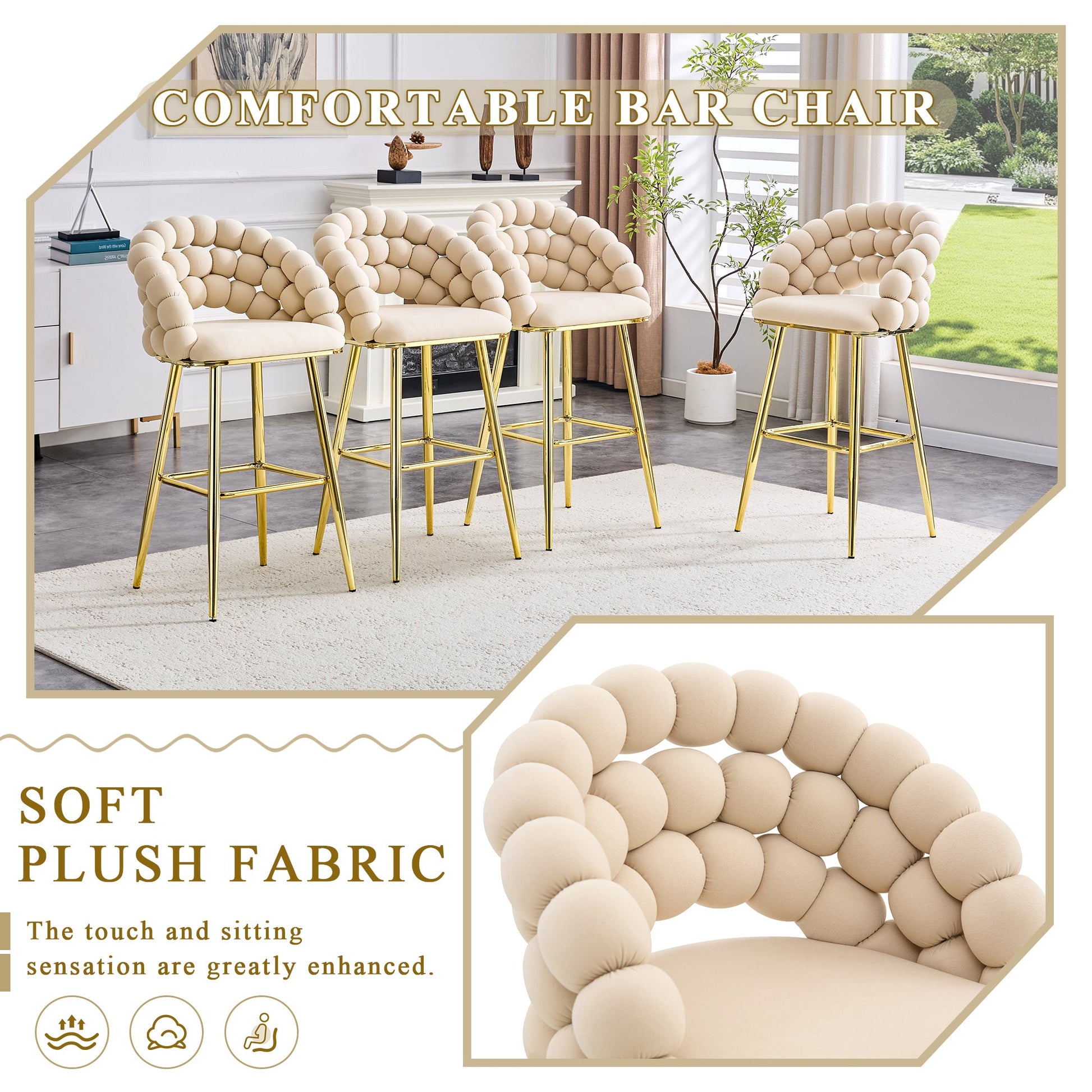 Set of 2 Beige Puffy Bubble Chair Ball Chain Velvet Bar Stools with Gold Legs, Modern Tufted Accent Chairs for Kitchen Island & Home Bar - 1st Choice Furniture Direct