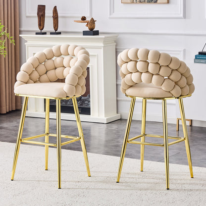 Set of 2 Beige Puffy Bubble Chair Ball Chain Velvet Bar Stools with Gold Legs, Modern Tufted Accent Chairs for Kitchen Island & Home Bar - 1st Choice Furniture Direct