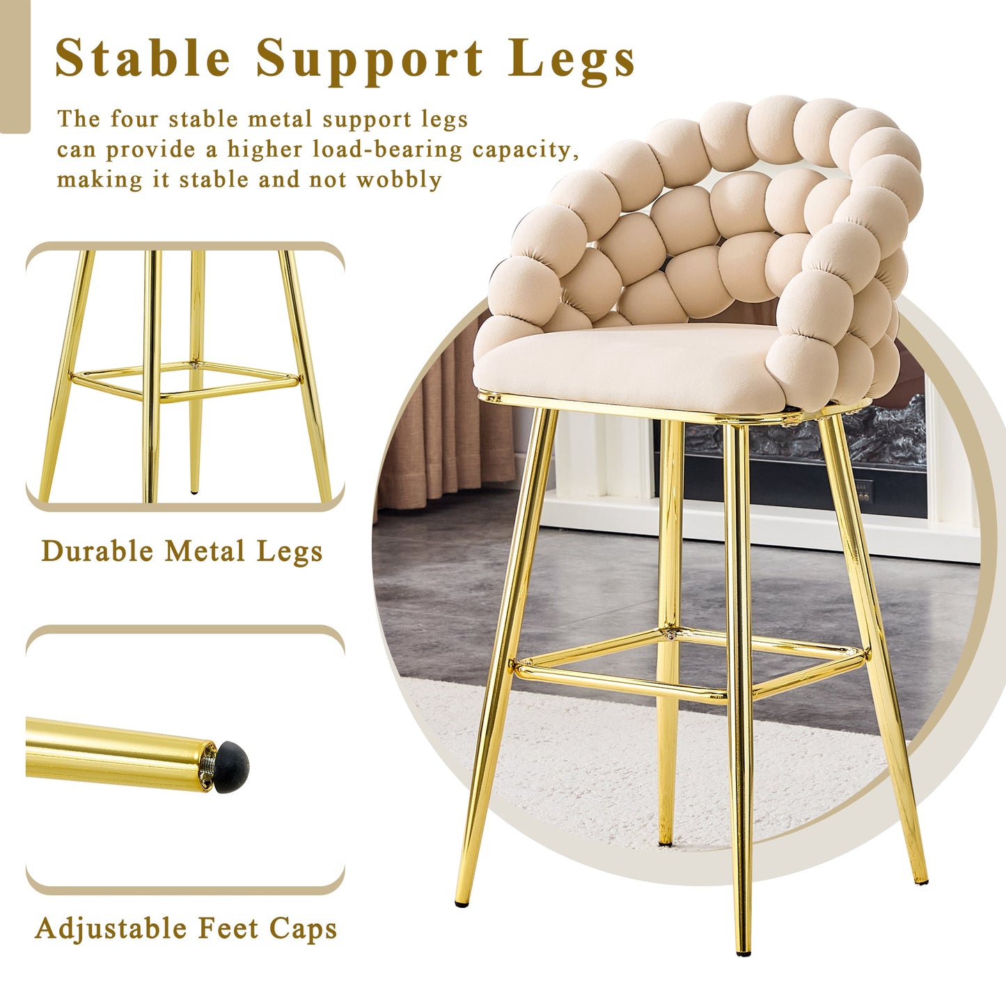 Set of 2 Beige Puffy Bubble Chair Ball Chain Velvet Bar Stools with Gold Legs, Modern Tufted Accent Chairs for Kitchen Island & Home Bar - 1st Choice Furniture Direct