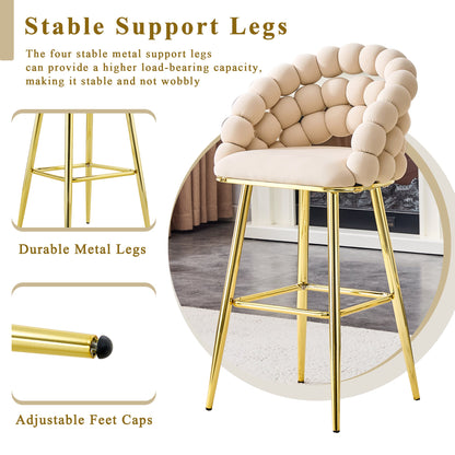 Set of 2 Beige Puffy Bubble Chair Ball Chain Velvet Bar Stools with Gold Legs, Modern Tufted Accent Chairs for Kitchen Island & Home Bar - 1st Choice Furniture Direct