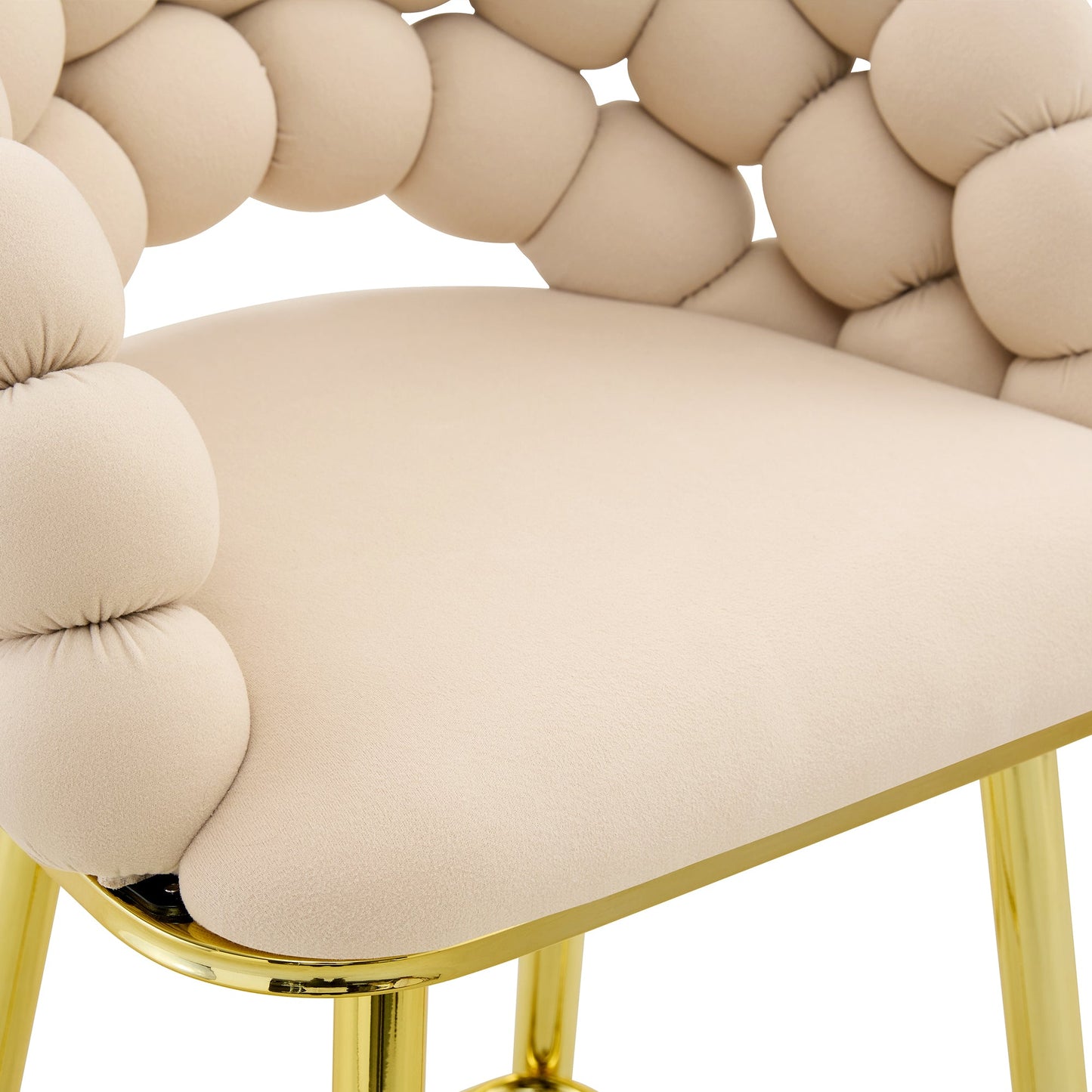 Set of 2 Beige Puffy Bubble Chair Ball Chain Velvet Bar Stools with Gold Legs, Modern Tufted Accent Chairs for Kitchen Island & Home Bar - 1st Choice Furniture Direct