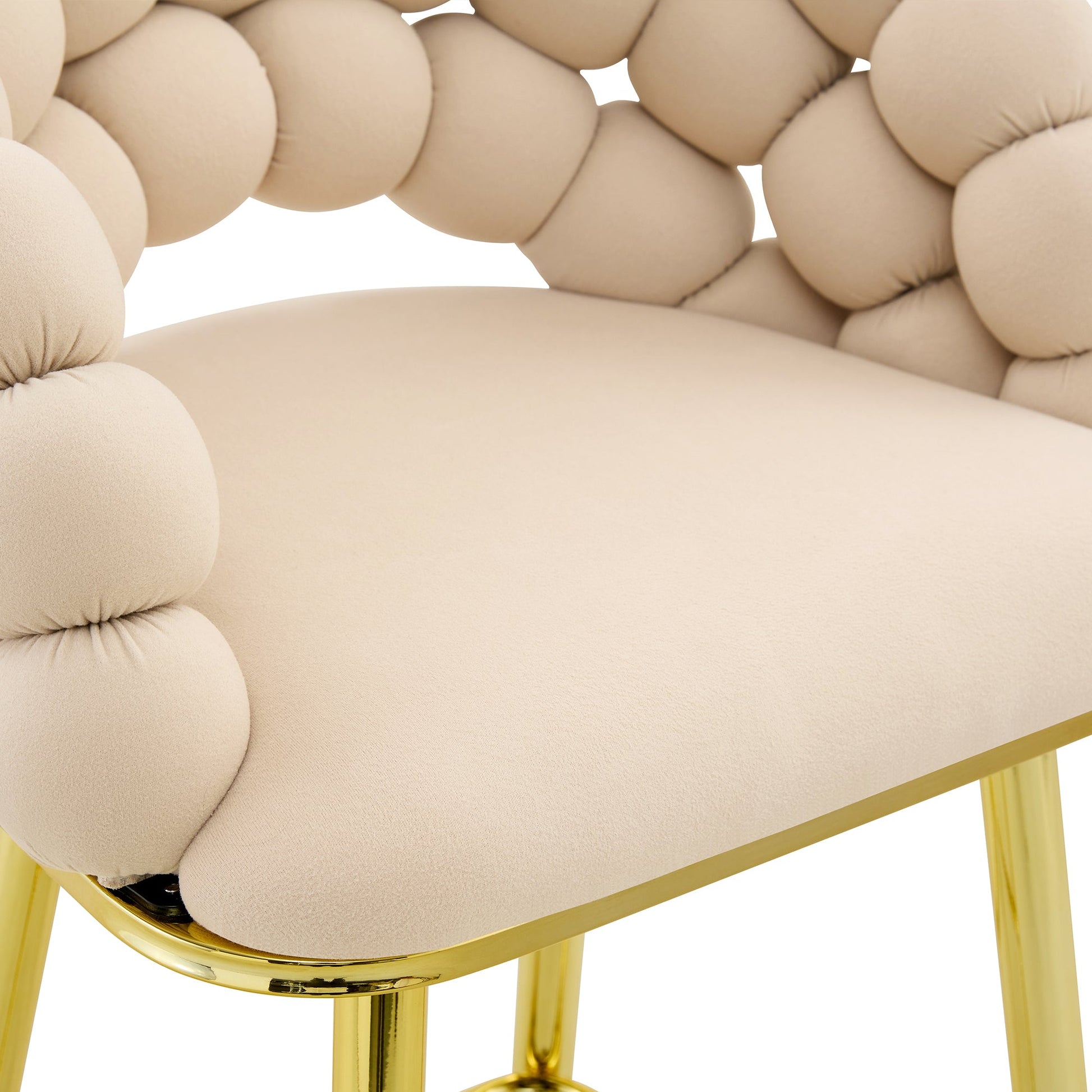 Set of 2 Beige Puffy Bubble Chair Ball Chain Velvet Bar Stools with Gold Legs, Modern Tufted Accent Chairs for Kitchen Island & Home Bar - 1st Choice Furniture Direct
