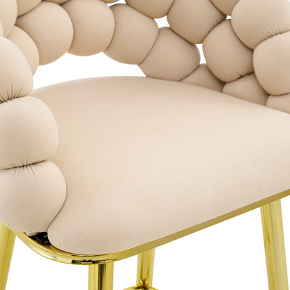 Set of 2 Beige Puffy Bubble Chair Ball Chain Velvet Bar Stools with Gold Legs, Modern Tufted Accent Chairs for Kitchen Island & Home Bar - 1st Choice Furniture Direct