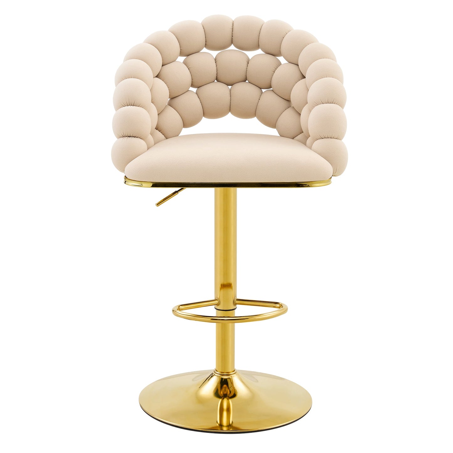 Set of 2 Beige Puffy Bubble Chair Ball Chain Velvet Bar Stools with Gold Legs, Modern Tufted Adjustable Kitchen Island Chairs - 1st Choice Furniture Direct