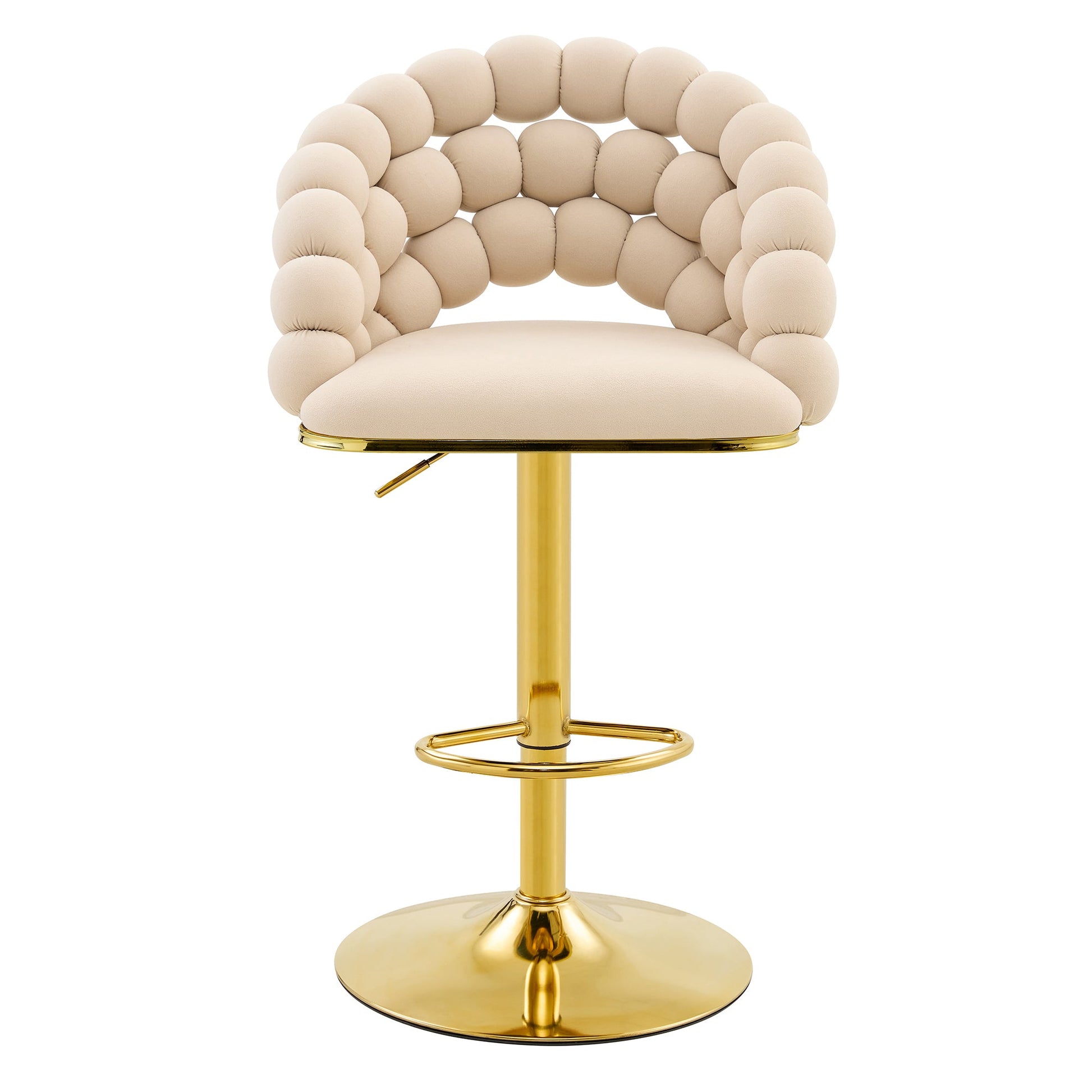 Set of 2 Beige Puffy Bubble Chair Ball Chain Velvet Bar Stools with Gold Legs, Modern Tufted Adjustable Kitchen Island Chairs - 1st Choice Furniture Direct