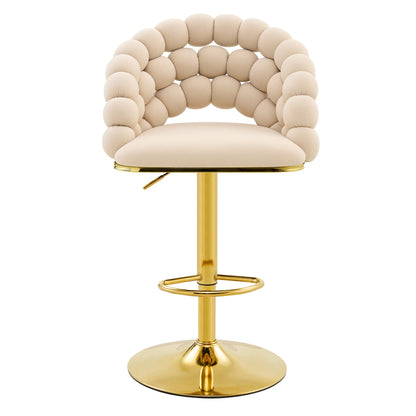 Set of 2 Beige Puffy Bubble Chair Ball Chain Velvet Bar Stools with Gold Legs, Modern Tufted Adjustable Kitchen Island Chairs - 1st Choice Furniture Direct