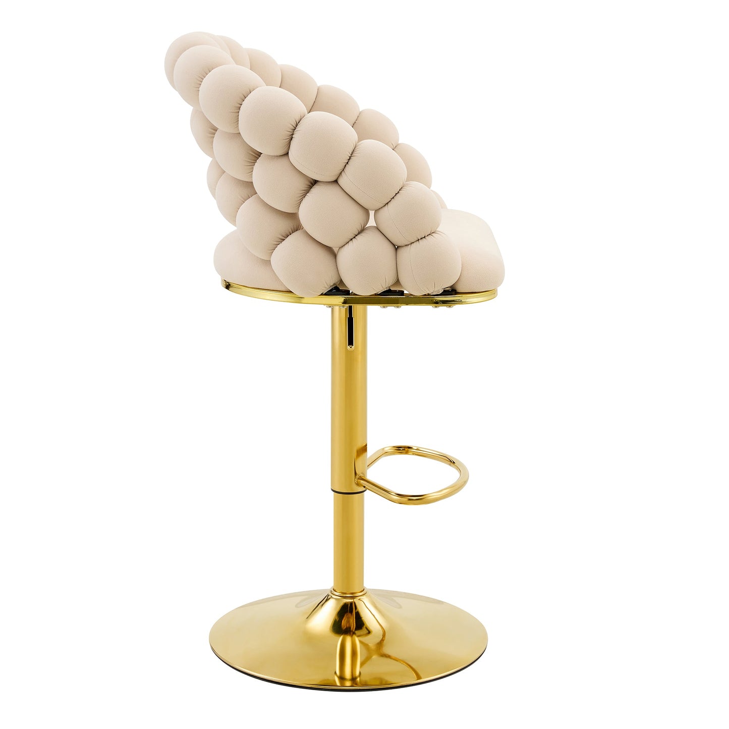 Set of 2 Beige Puffy Bubble Chair Ball Chain Velvet Bar Stools with Gold Legs, Modern Tufted Adjustable Kitchen Island Chairs - 1st Choice Furniture Direct