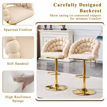 Set of 2 Beige Puffy Bubble Chair Ball Chain Velvet Bar Stools with Gold Legs, Modern Tufted Adjustable Kitchen Island Chairs - 1st Choice Furniture Direct