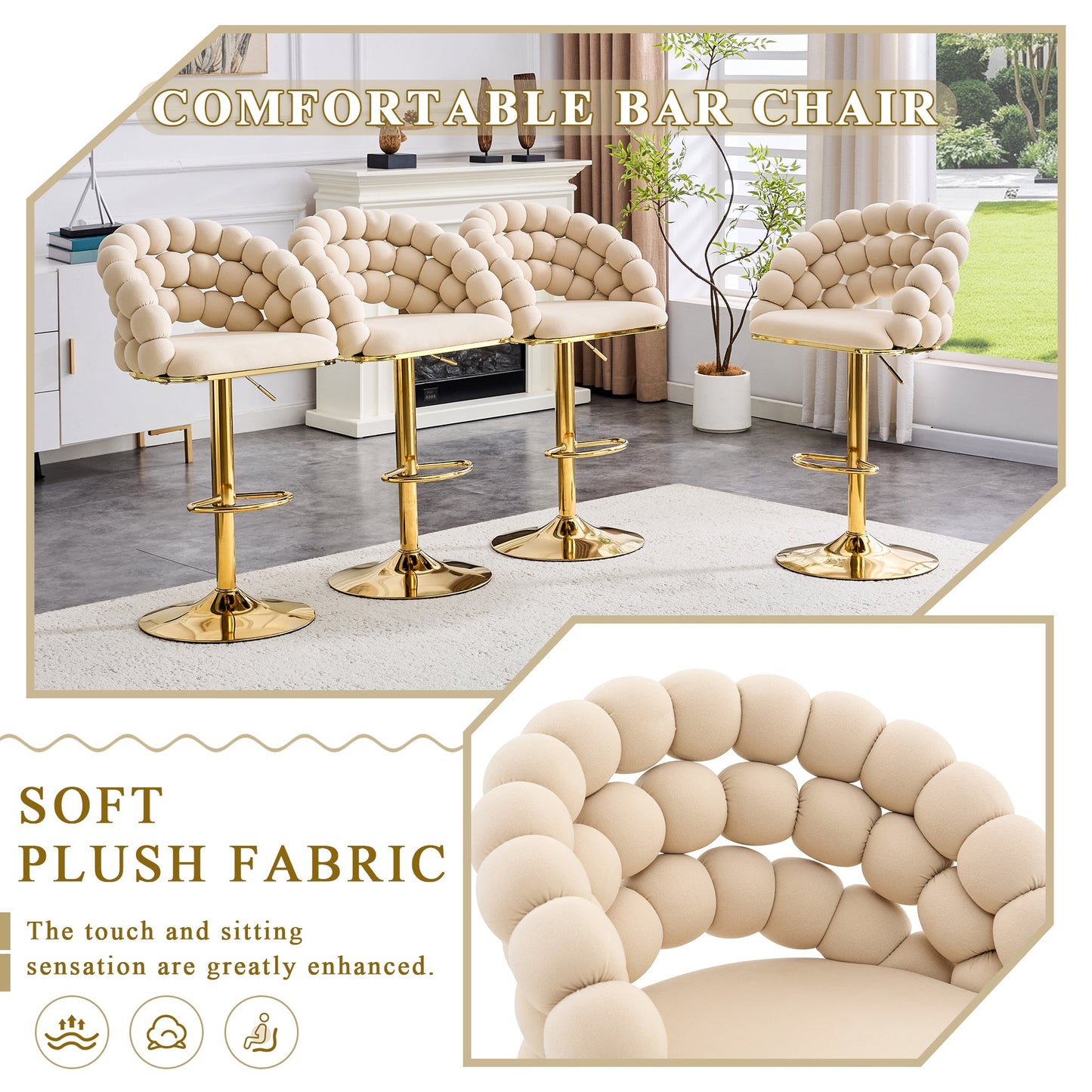 Set of 2 Beige Puffy Bubble Chair Ball Chain Velvet Bar Stools with Gold Legs, Modern Tufted Adjustable Kitchen Island Chairs - 1st Choice Furniture Direct