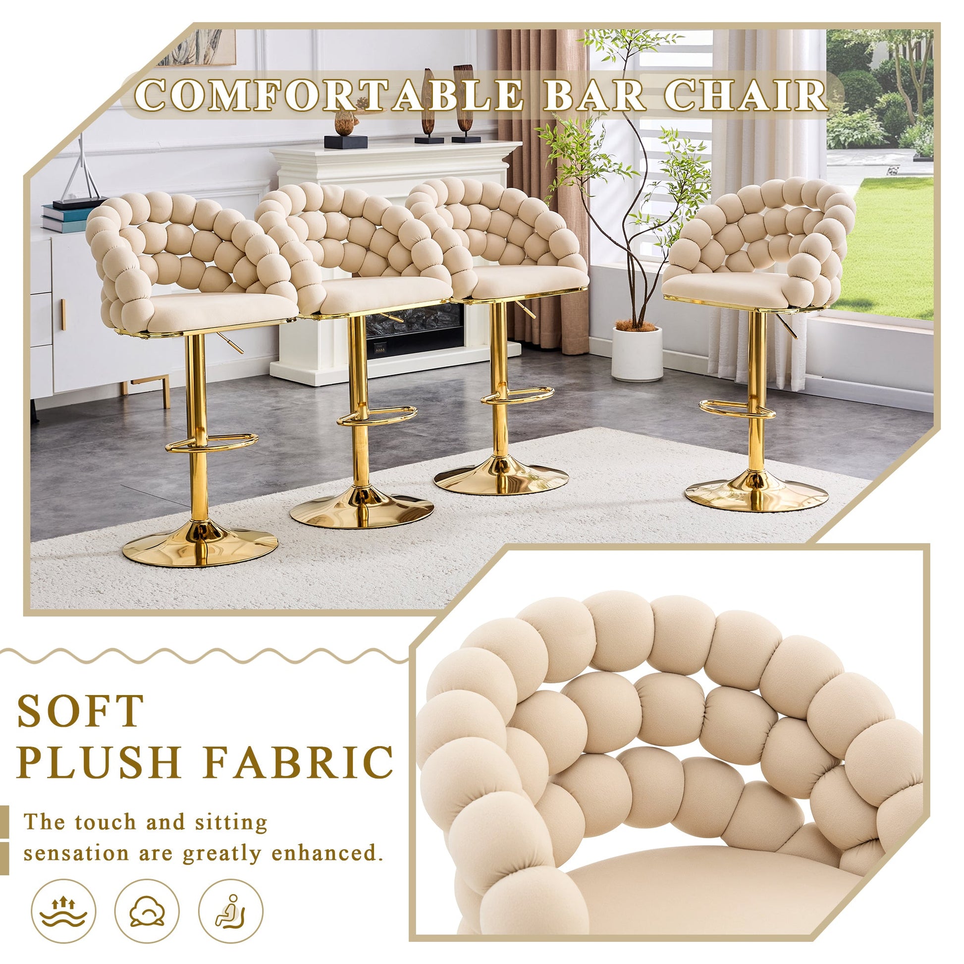Set of 2 Beige Puffy Bubble Chair Ball Chain Velvet Bar Stools with Gold Legs, Modern Tufted Adjustable Kitchen Island Chairs - 1st Choice Furniture Direct