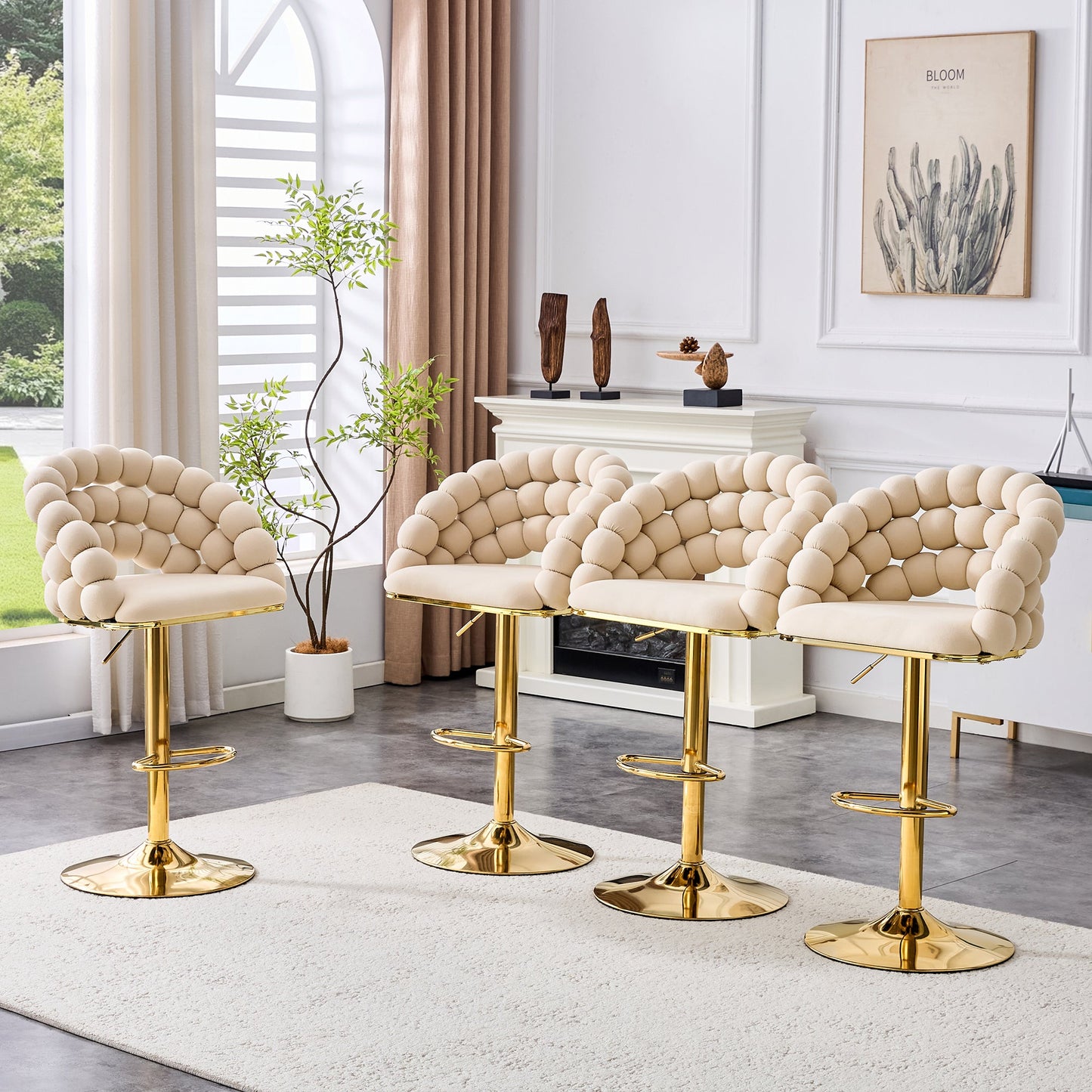 Set of 2 Beige Puffy Bubble Chair Ball Chain Velvet Bar Stools with Gold Legs, Modern Tufted Adjustable Kitchen Island Chairs - 1st Choice Furniture Direct