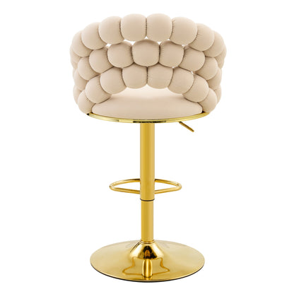 Set of 2 Beige Puffy Bubble Chair Ball Chain Velvet Bar Stools with Gold Legs, Modern Tufted Adjustable Kitchen Island Chairs - 1st Choice Furniture Direct