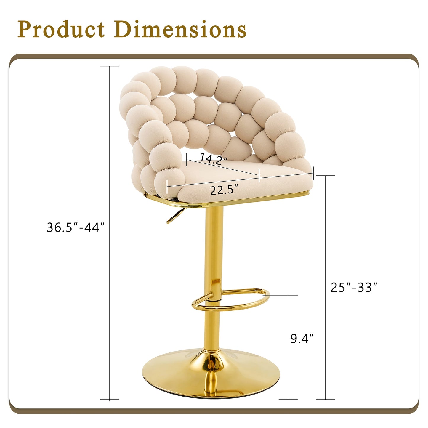 Set of 2 Beige Puffy Bubble Chair Ball Chain Velvet Bar Stools with Gold Legs, Modern Tufted Adjustable Kitchen Island Chairs - 1st Choice Furniture Direct