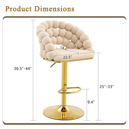 Set of 2 Beige Puffy Bubble Chair Ball Chain Velvet Bar Stools with Gold Legs, Modern Tufted Adjustable Kitchen Island Chairs - 1st Choice Furniture Direct