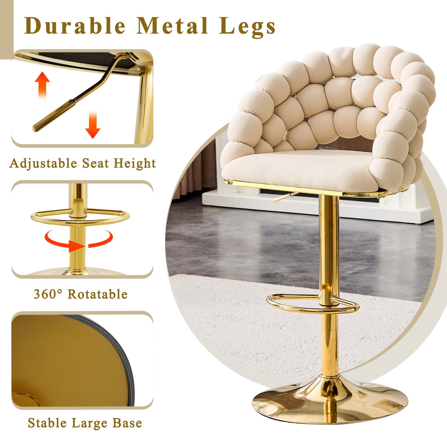 Set of 2 Beige Puffy Bubble Chair Ball Chain Velvet Bar Stools with Gold Legs, Modern Tufted Adjustable Kitchen Island Chairs - 1st Choice Furniture Direct