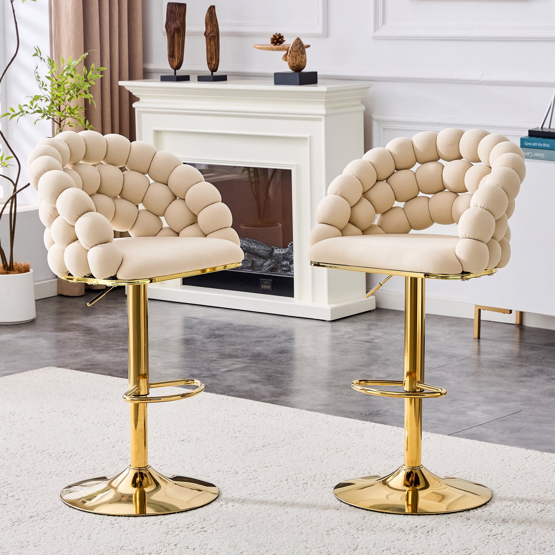Set of 2 Beige Puffy Bubble Chair Ball Chain Velvet Bar Stools with Gold Legs, Modern Tufted Adjustable Kitchen Island Chairs - 1st Choice Furniture Direct