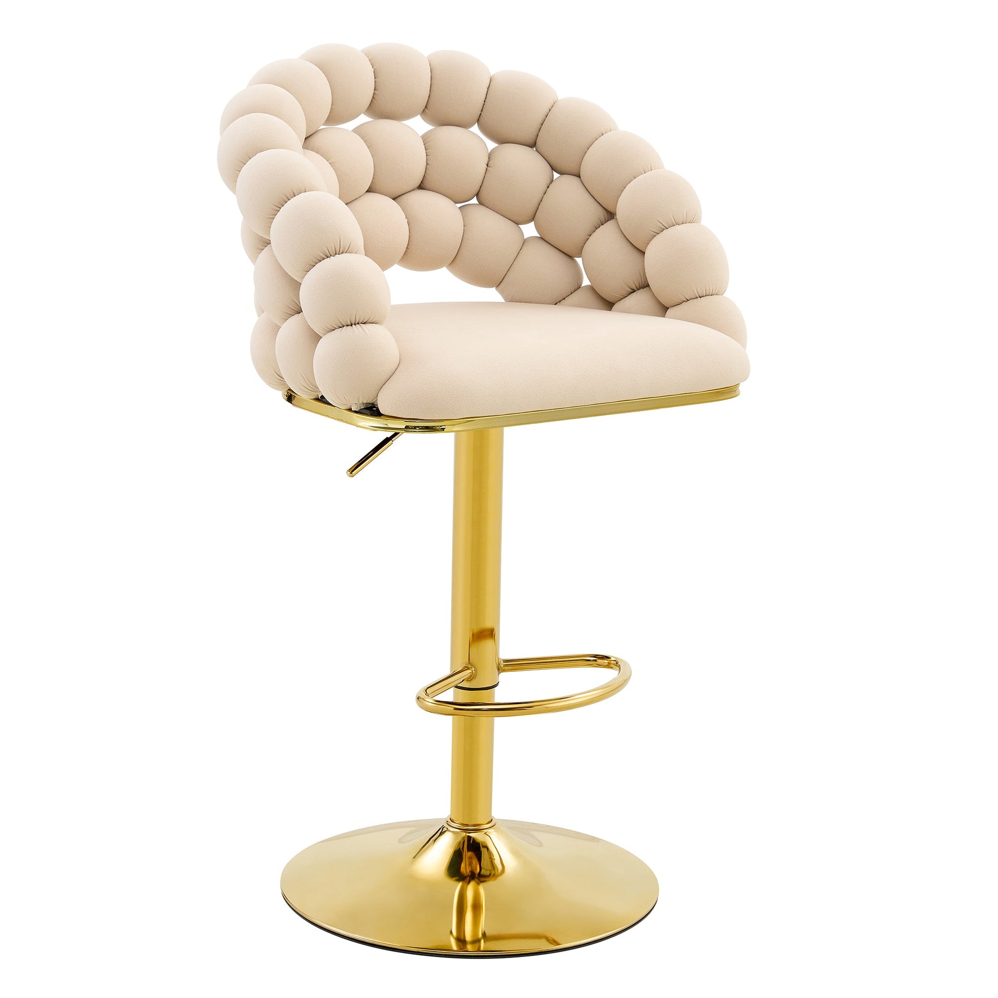 Set of 2 Beige Puffy Bubble Chair Ball Chain Velvet Bar Stools with Gold Legs, Modern Tufted Adjustable Kitchen Island Chairs - 1st Choice Furniture Direct