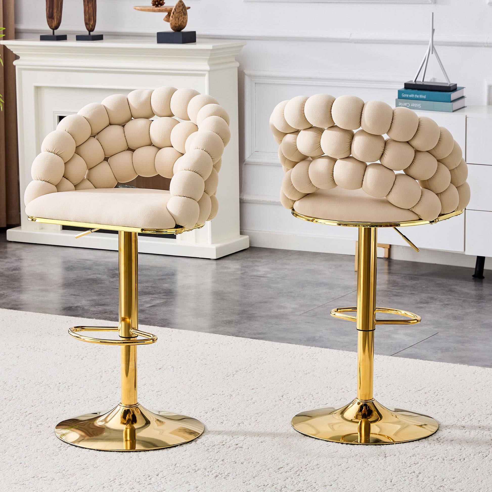 Set of 2 Beige Puffy Bubble Chair Ball Chain Velvet Bar Stools with Gold Legs, Modern Tufted Adjustable Kitchen Island Chairs - 1st Choice Furniture Direct
