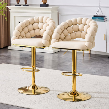 Set of 2 Beige Puffy Bubble Chair Ball Chain Velvet Bar Stools with Gold Legs, Modern Tufted Adjustable Kitchen Island Chairs - 1st Choice Furniture Direct