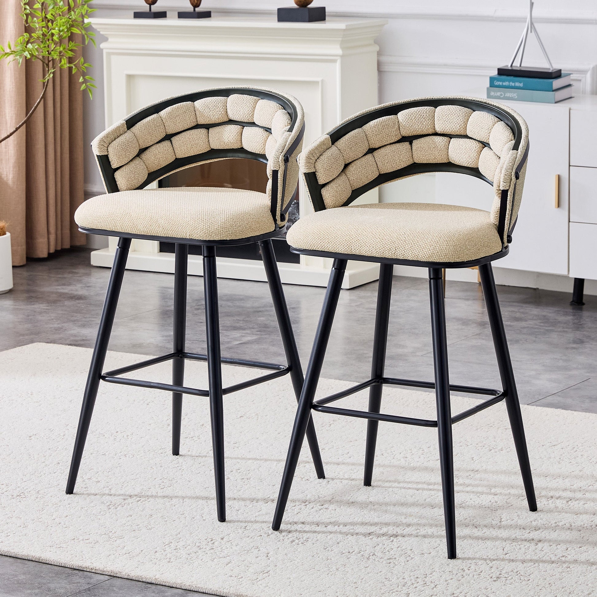 Set of 2 Beige Velvet Bar Stools with Black Iron Legs, Modern Kitchen Island Counter Height Stools - 1st Choice Furniture Direct