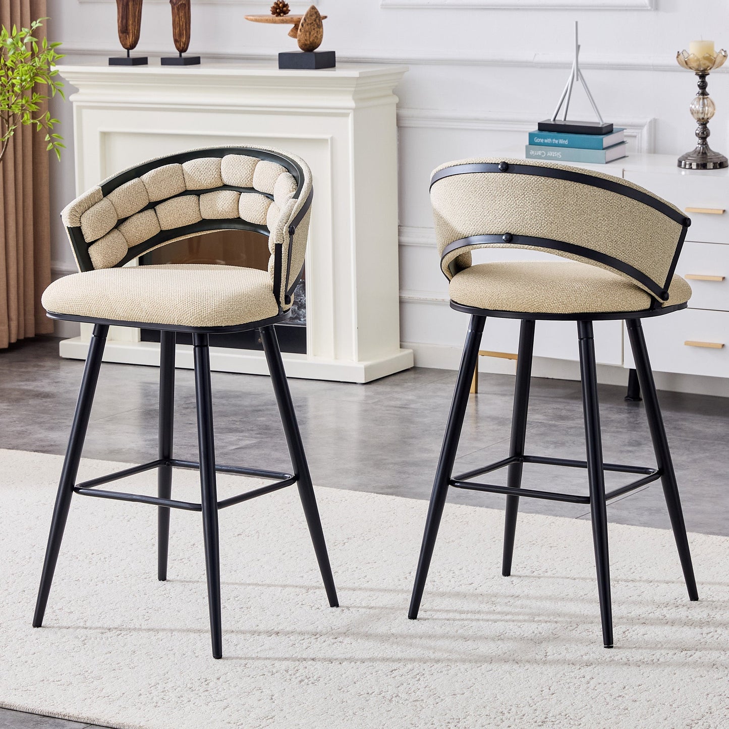 Set of 2 Beige Velvet Bar Stools with Black Iron Legs, Modern Kitchen Island Counter Height Stools - 1st Choice Furniture Direct