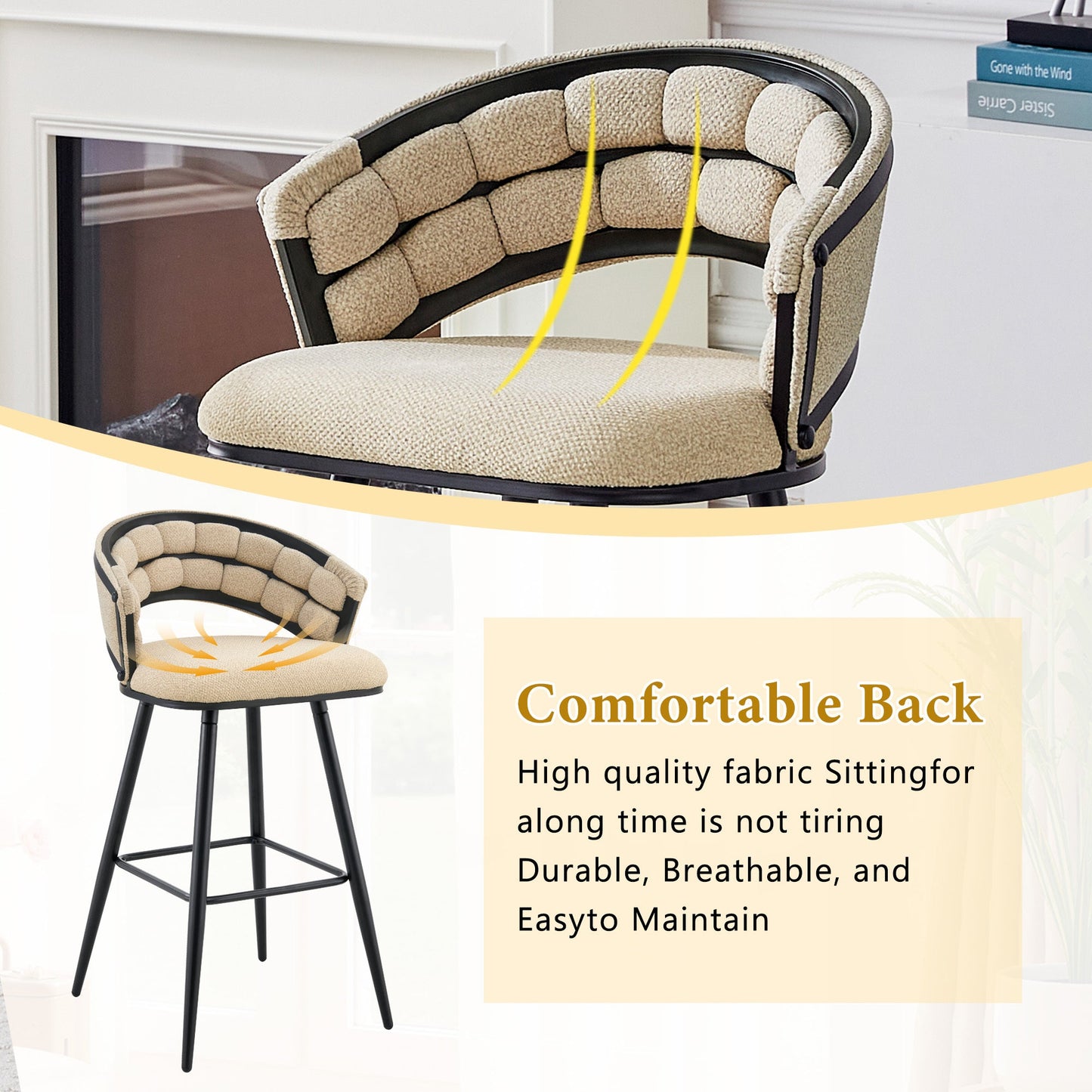 Set of 2 Beige Velvet Bar Stools with Black Iron Legs, Modern Kitchen Island Counter Height Stools - 1st Choice Furniture Direct