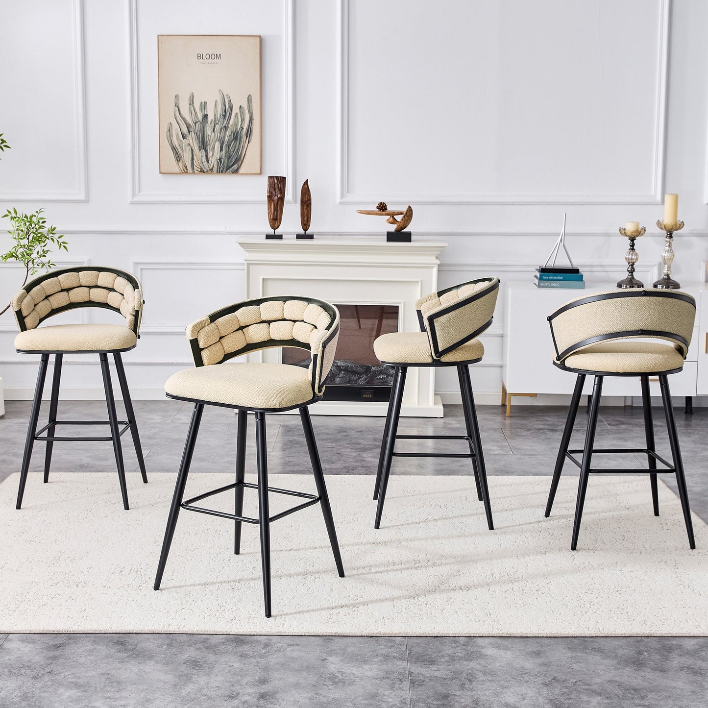 Set of 2 Beige Velvet Bar Stools with Black Iron Legs, Modern Kitchen Island Counter Height Stools - 1st Choice Furniture Direct