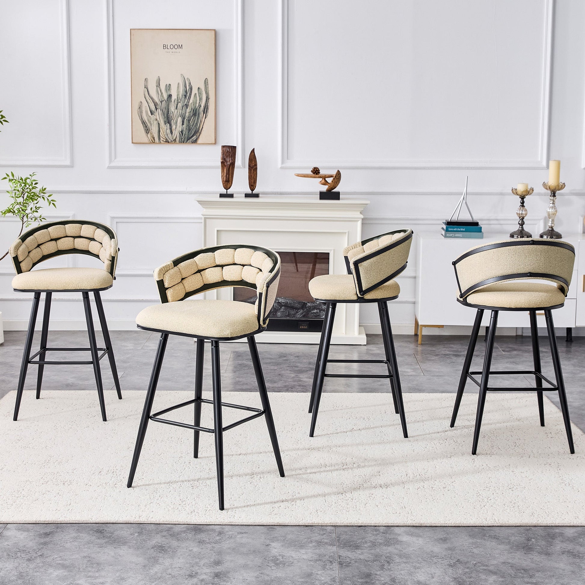 Set of 2 Beige Velvet Bar Stools with Black Iron Legs, Modern Kitchen Island Counter Height Stools - 1st Choice Furniture Direct