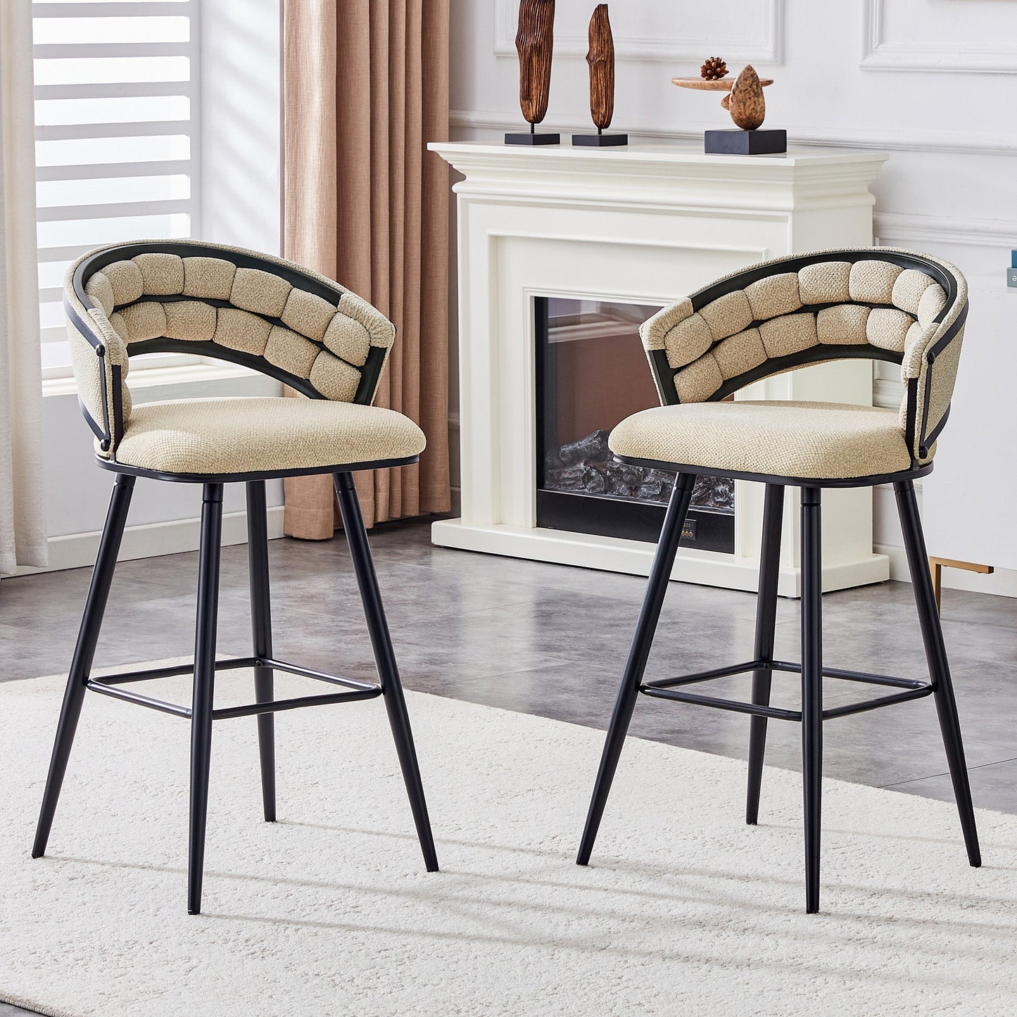 Set of 2 Beige Velvet Bar Stools with Black Iron Legs, Modern Kitchen Island Counter Height Stools - 1st Choice Furniture Direct