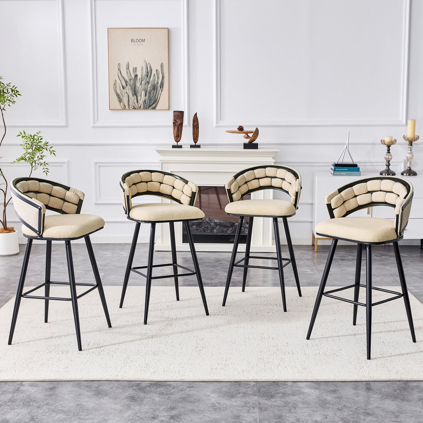 Set of 2 Beige Velvet Bar Stools with Black Iron Legs, Modern Kitchen Island Counter Height Stools - 1st Choice Furniture Direct